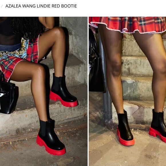 AZALEA WANG LINDIE Chelsea Faux Leather Black Red Lug Sole Boots Size 6 - Picture 1 of 7